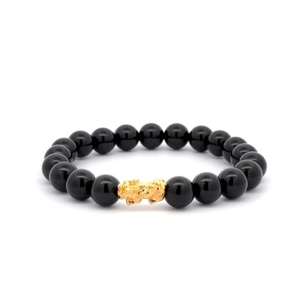 18K Gold Dragon Pixiu Piyao Lucky Charm Bracelet Gemstones Onyx 8mm